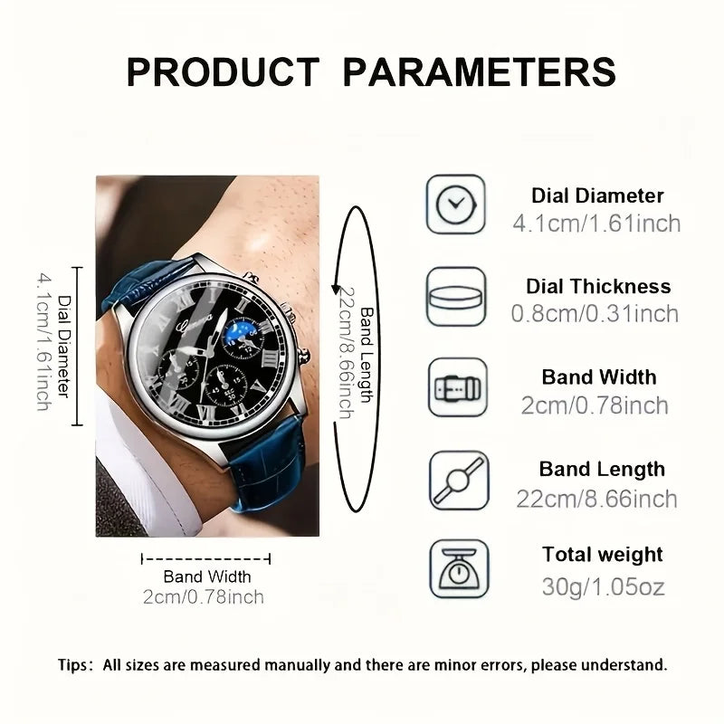 Men's PU Leather Quartz Watch & Bracelet Set