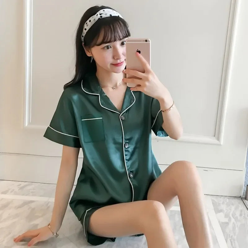 Ice Silk Cardigan Pajama Set