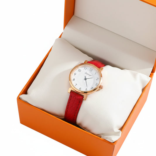 Women's Red Leather Gold Quartz Watch