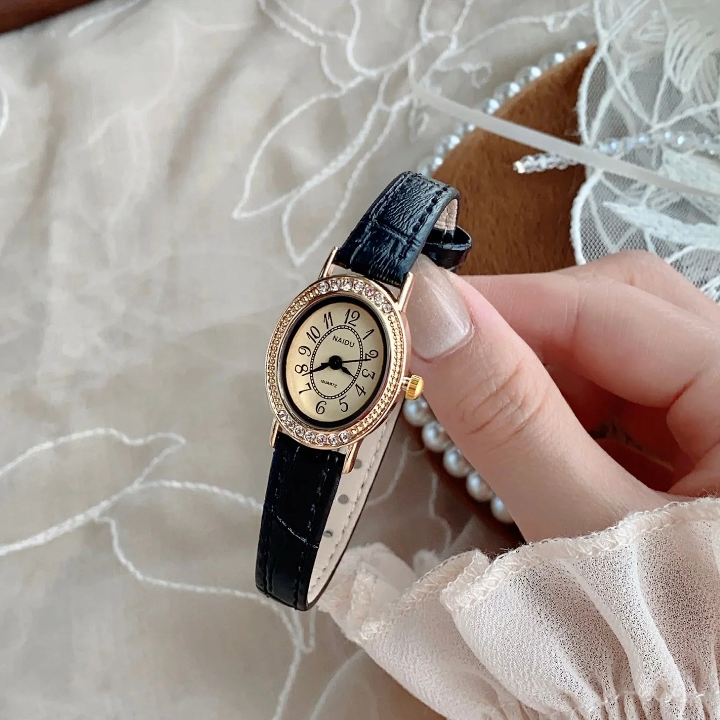 Oval Dial Leather Strap Watch