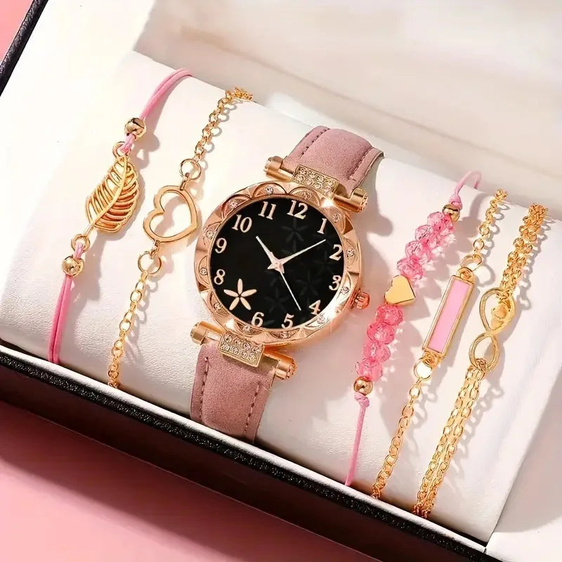 Women's Leather Quartz Watch & Bracelet Set (6pcs)