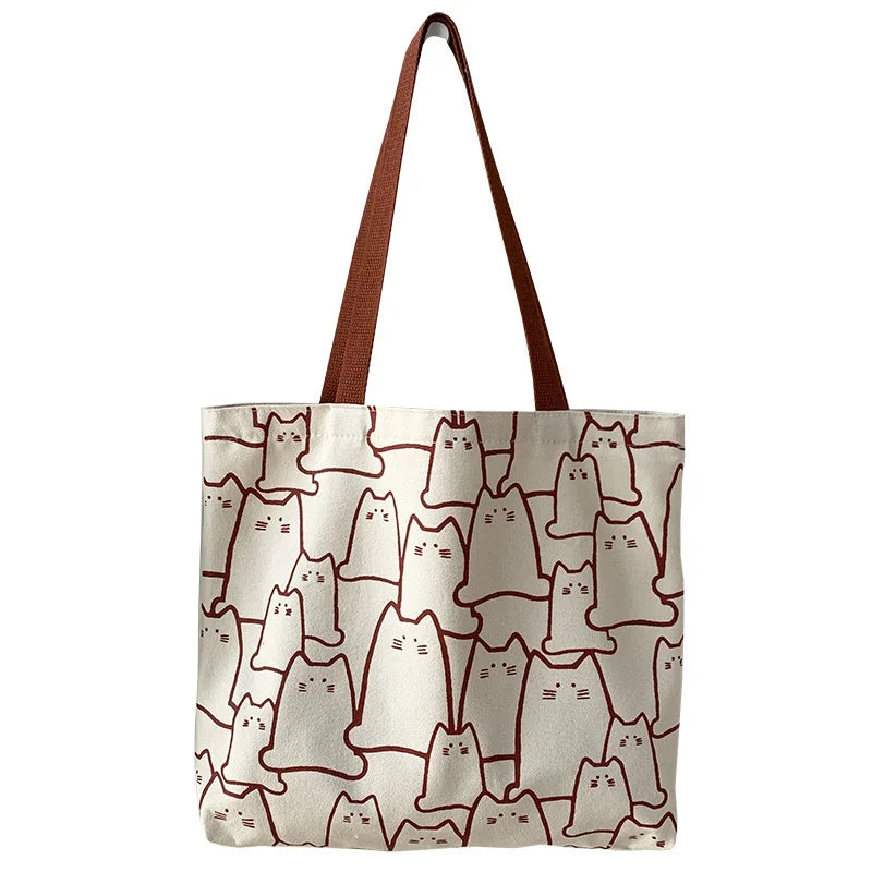 Cute Cat Canvas Tote Bag with Zipper