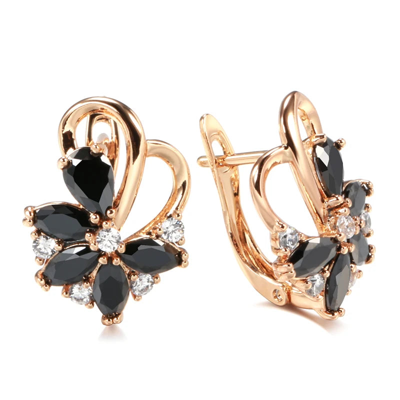 Black Zircon Flower Dangle Earrings