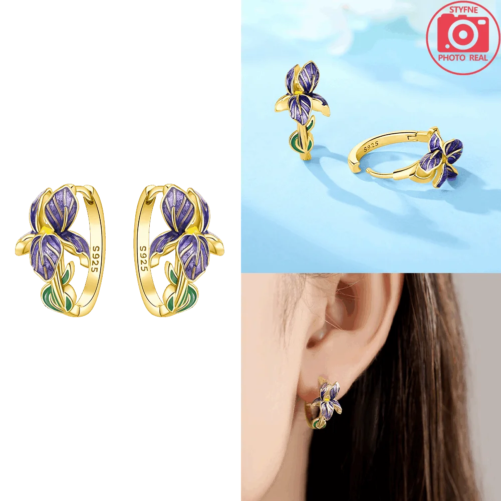 Women's S925 Silver Iris Flower Hoop Earrings