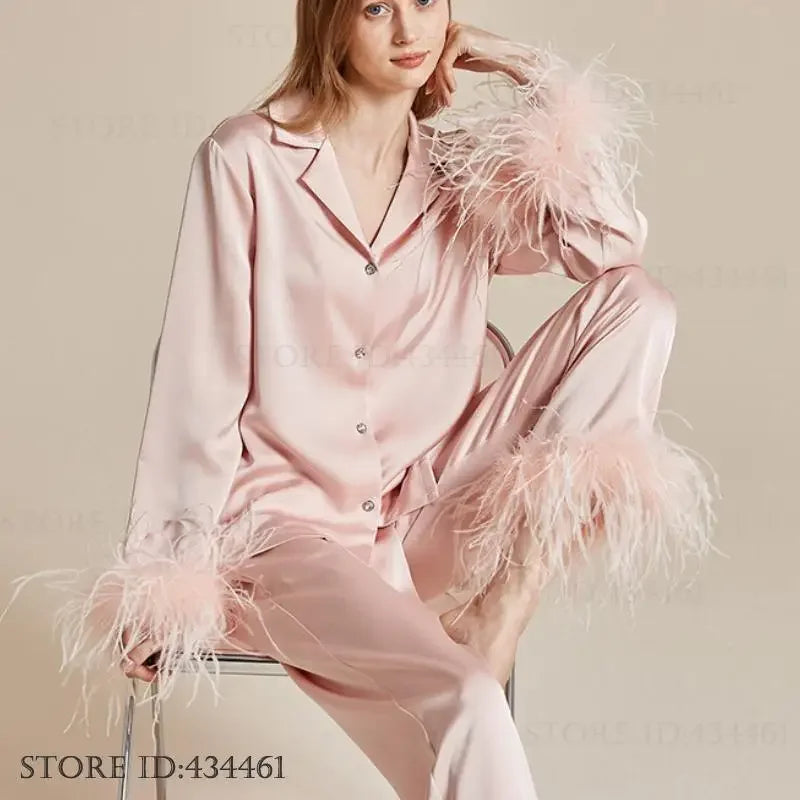 Women's Feather Silk Satin Pajama Set