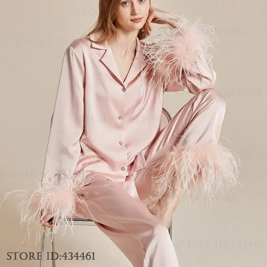 Women's Feather Silk Satin Pajama Set