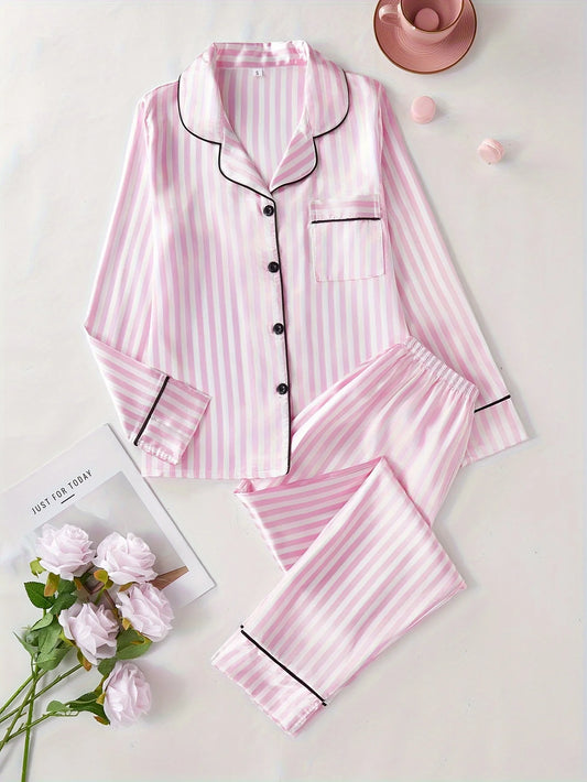 Women's Striped Button Pajama Set Long