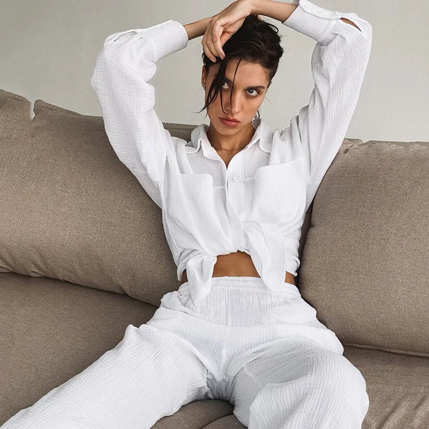 Women's Wide Leg Blouse Pajama Set