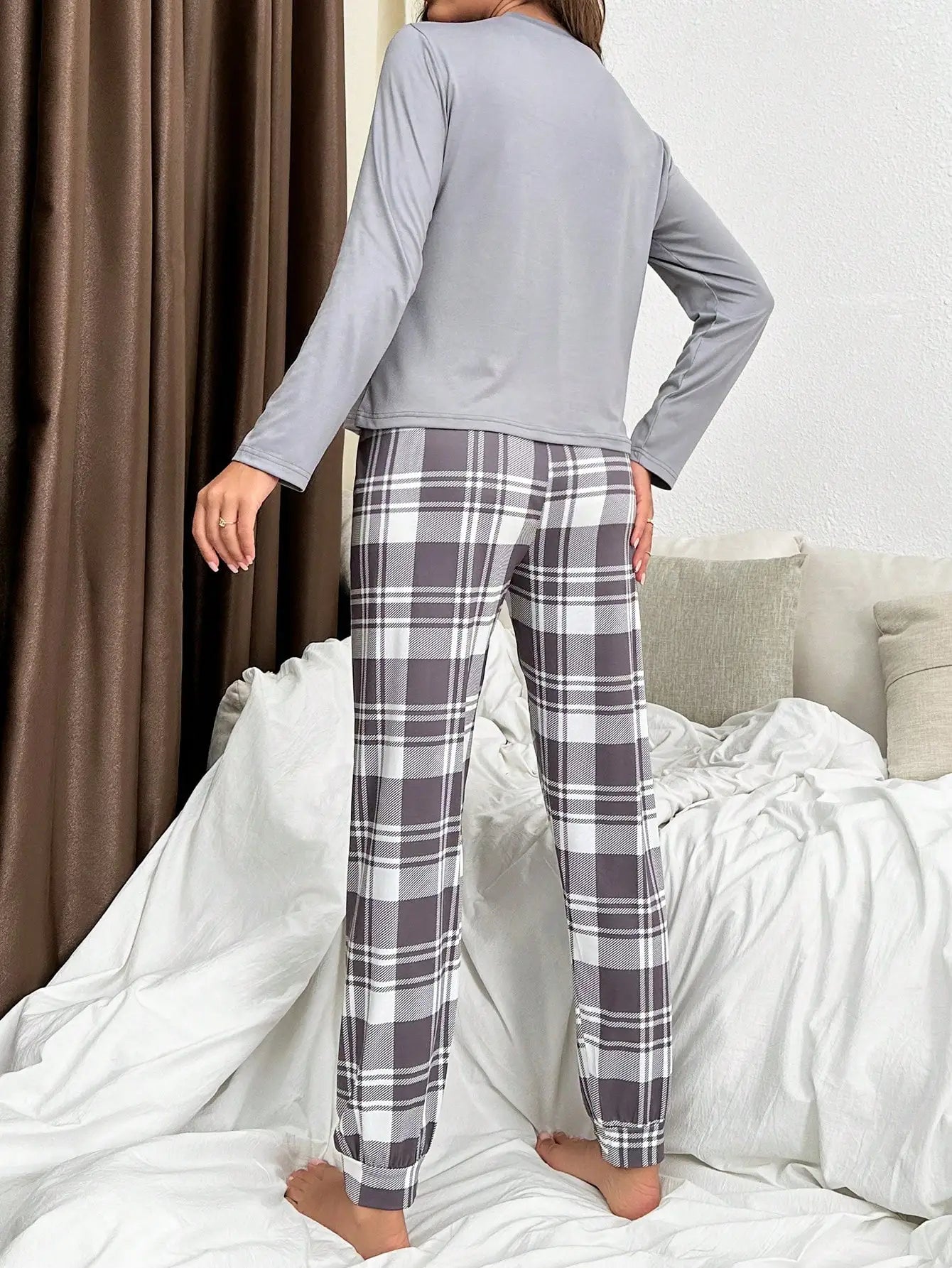 Plaid Slogan Lounge Pajama Set