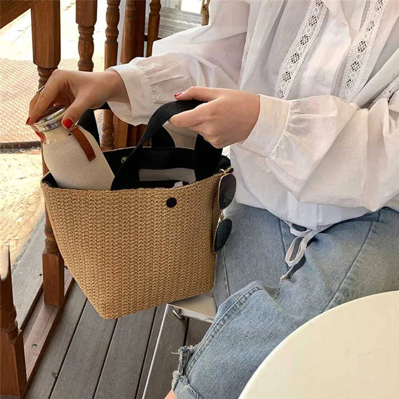 Bohemian Woven Rattan Bucket Bag