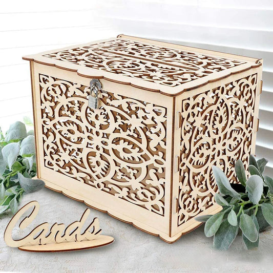 Wooden Wedding Card Box with Lock Decor