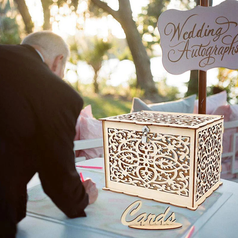 Wooden Wedding Card Box with Lock Decor