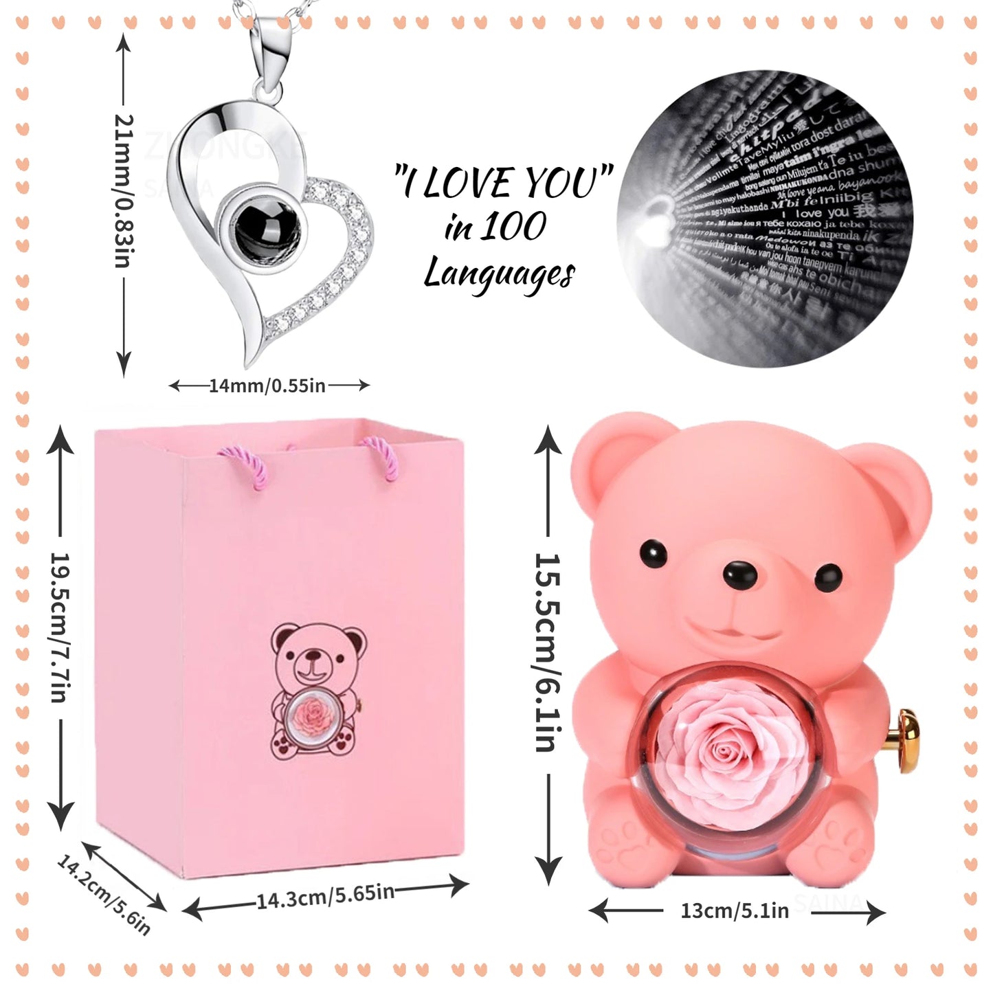 Teddy Bear Rose Jewelry Box Necklace Gift