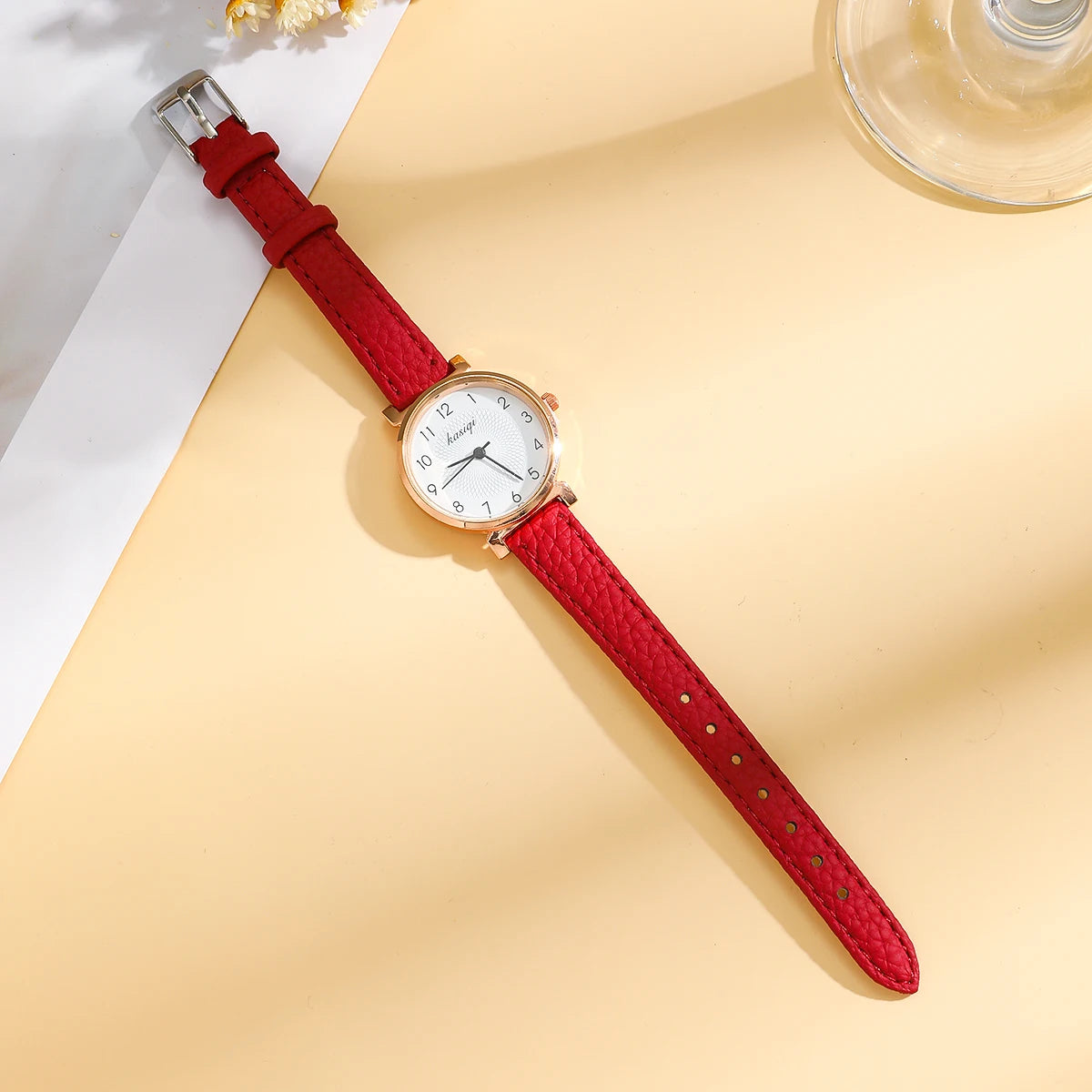Women's Red Leather Gold Quartz Watch