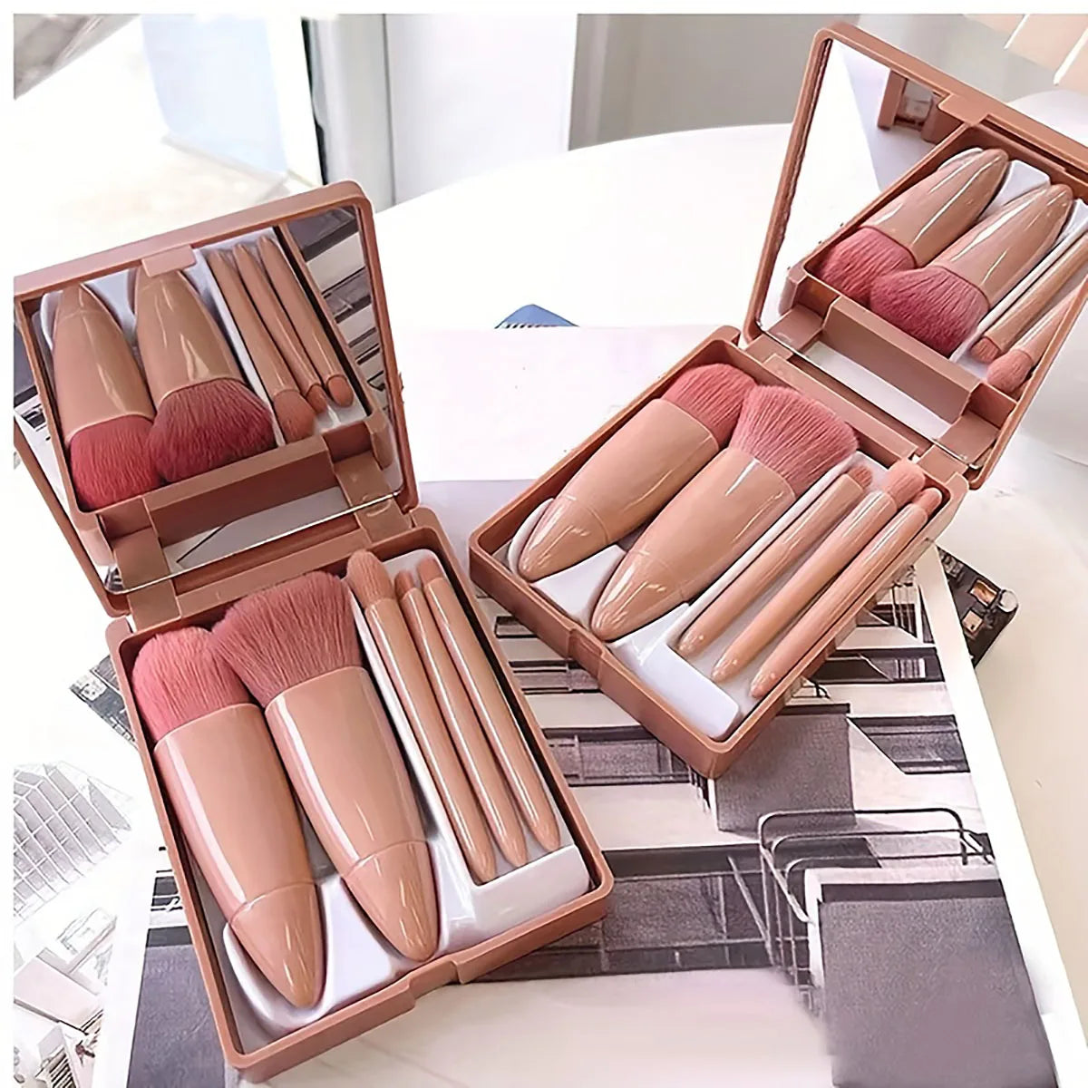 5-Piece Portable Makeup Brush Set Mirror