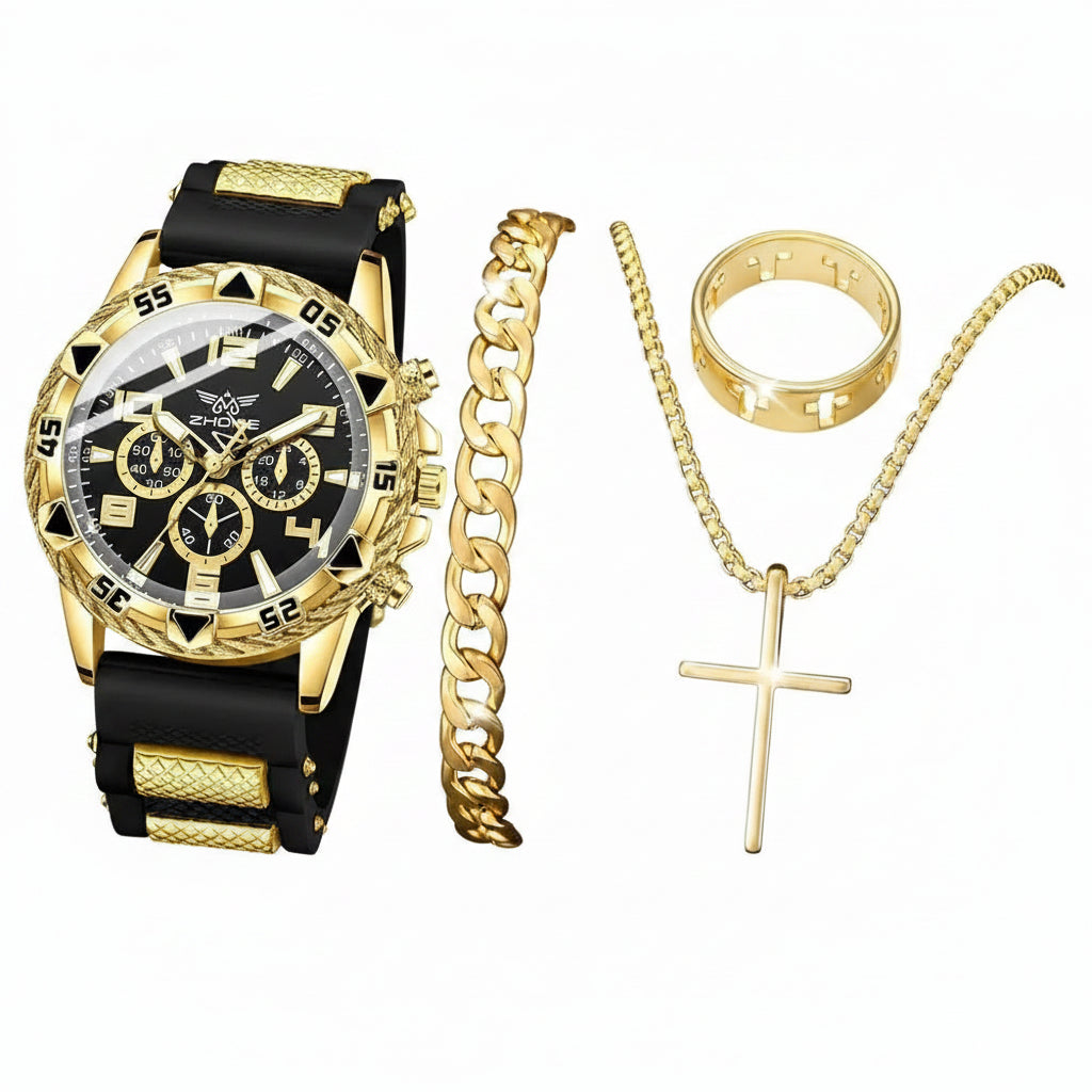 Men's Black Watch & Accessories Gift Set (4pcs)