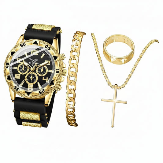 Men's Black Watch & Accessories Gift Set (4pcs)