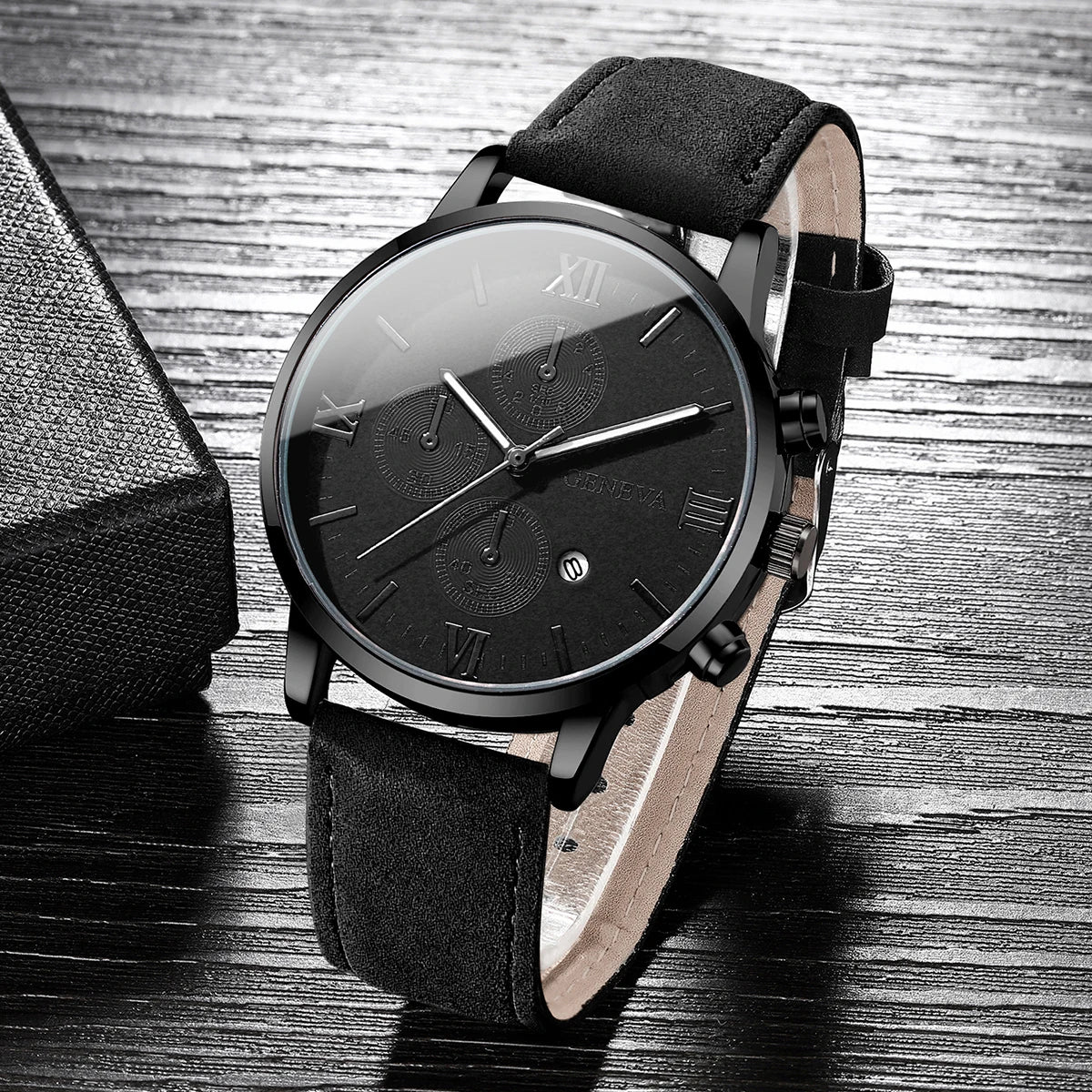 Unisex Leather Calendar Quartz Watch (1-2pcs)