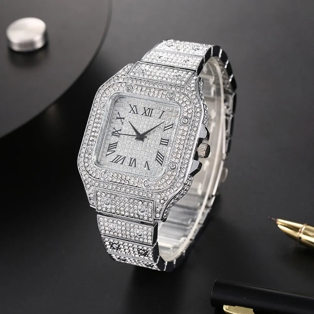Men's Classic Square Rhinestone Steel Quartz Watch