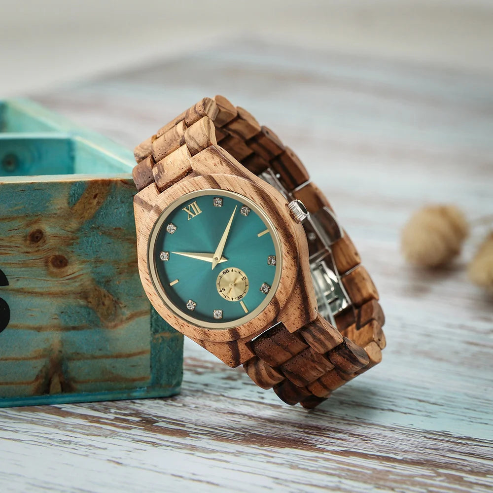 Women's Wood & Diamond Dial Quartz Watch