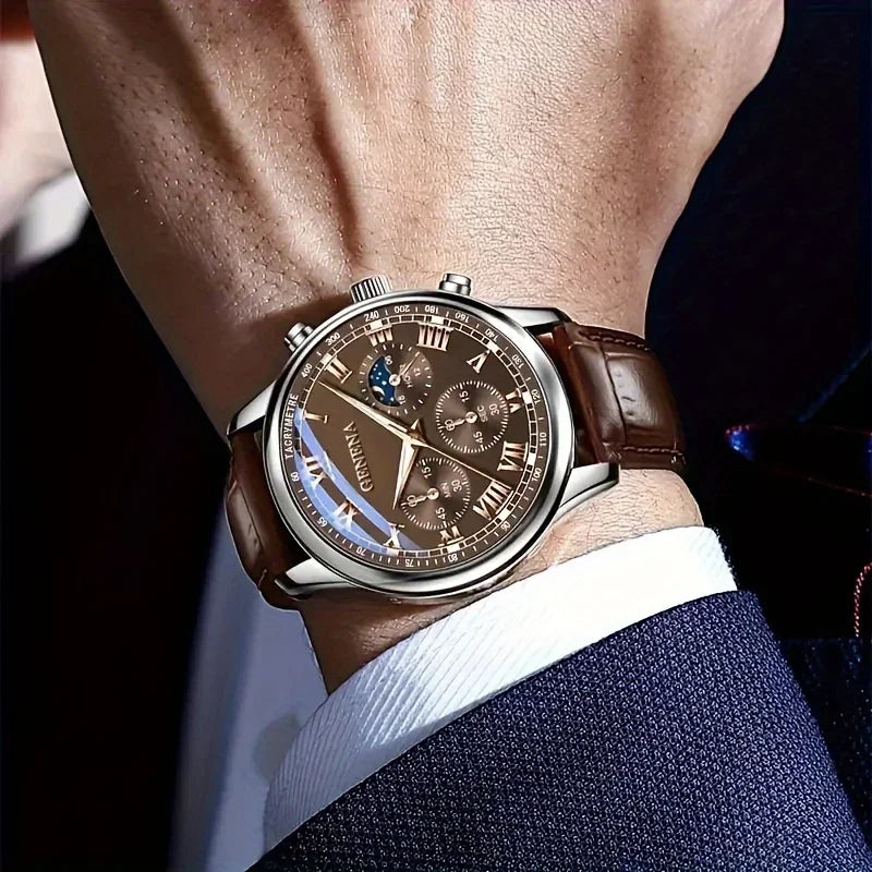 Men's Leather Strap Analog Quartz Watch