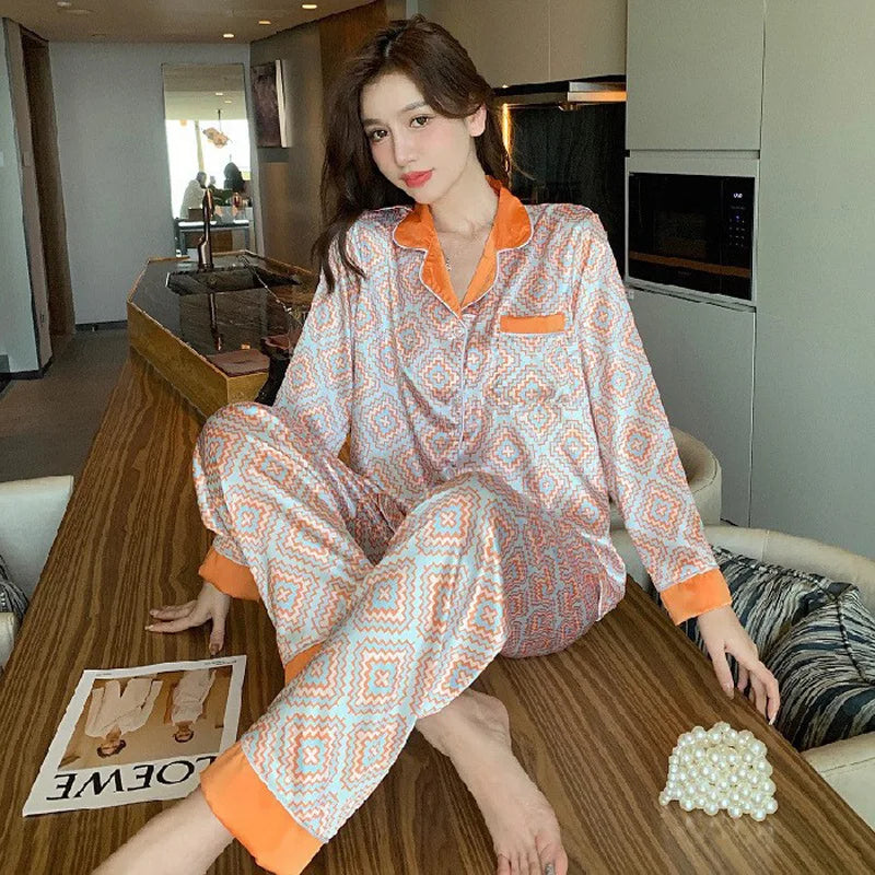 Women's Silk Print Cardigan Pajama Set