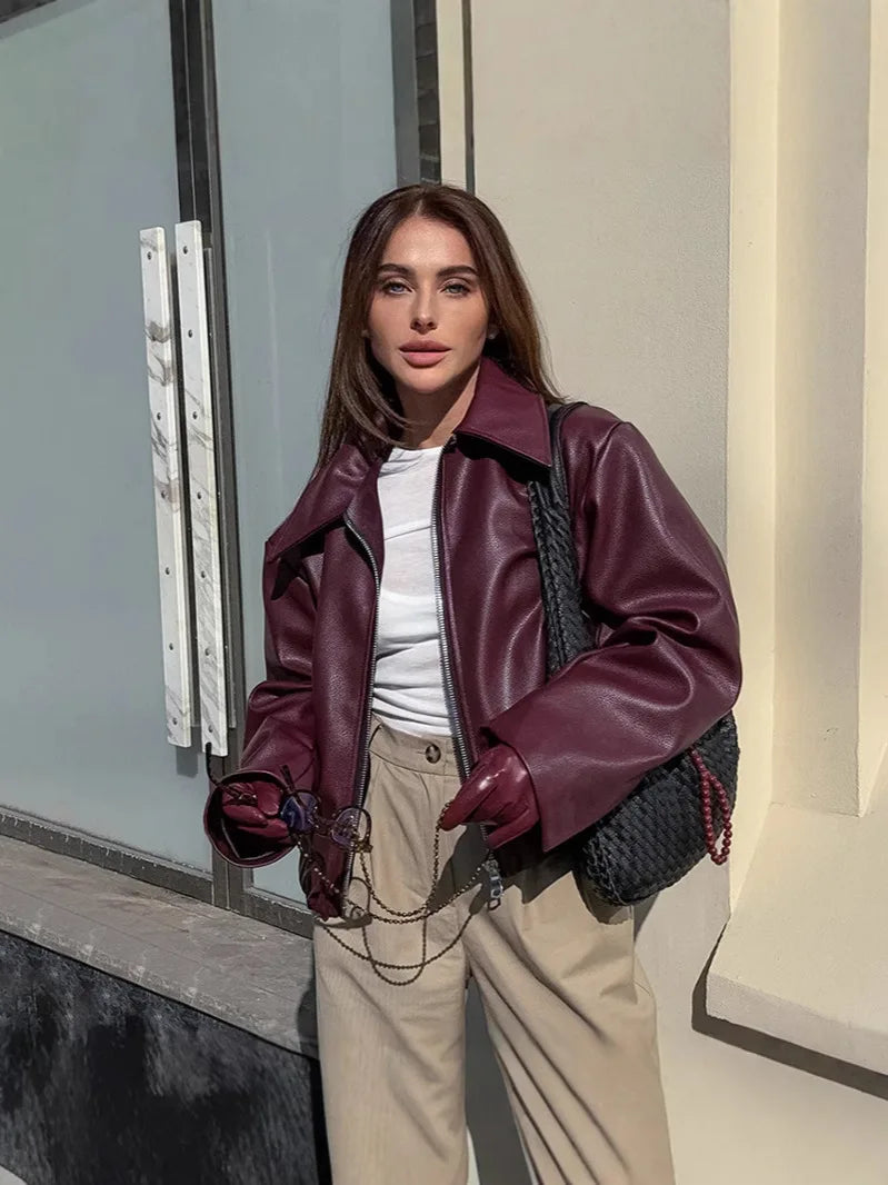 Burgundy Bomber Cropped Jacket