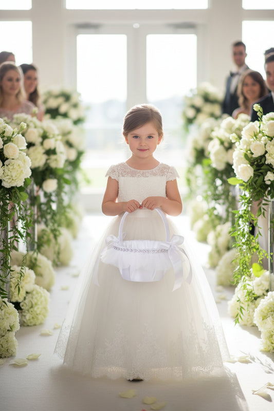 White Flower Girl Basket Lace Wedding Decor