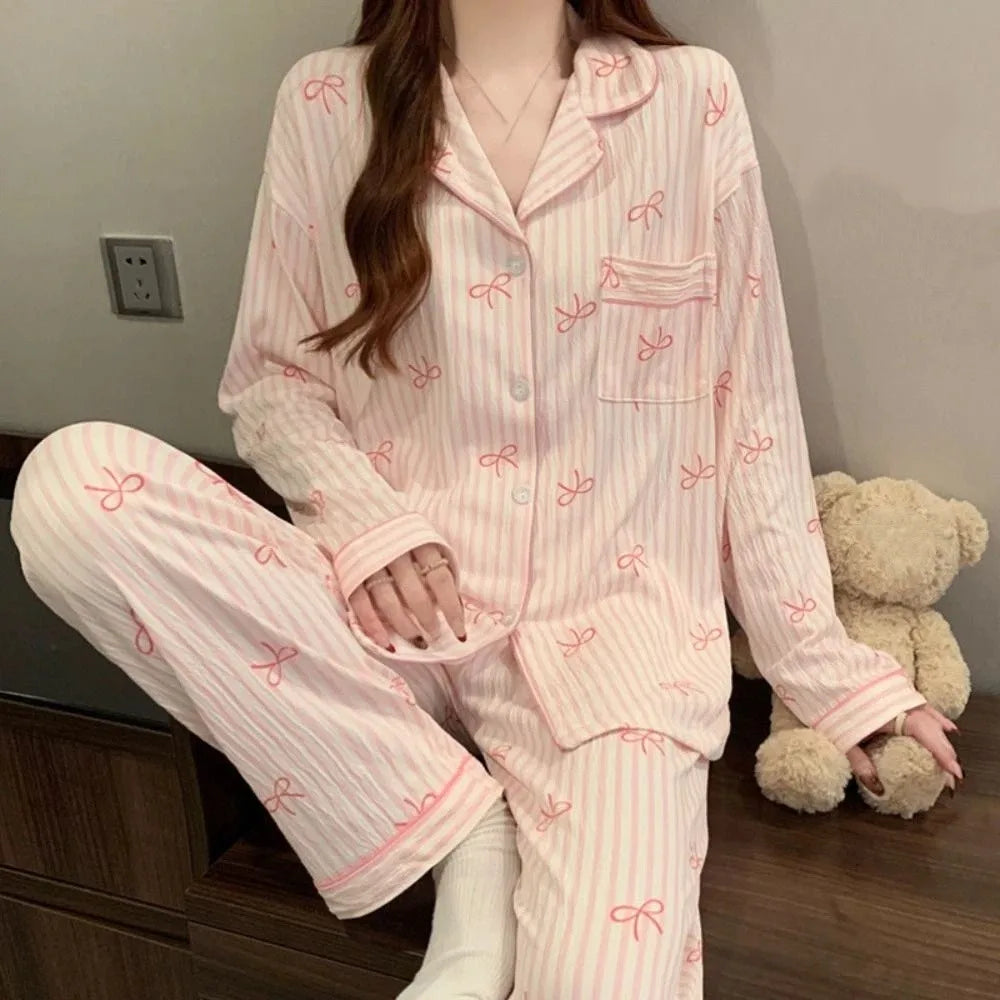Women's Stripe Bow Korean Pajama Set