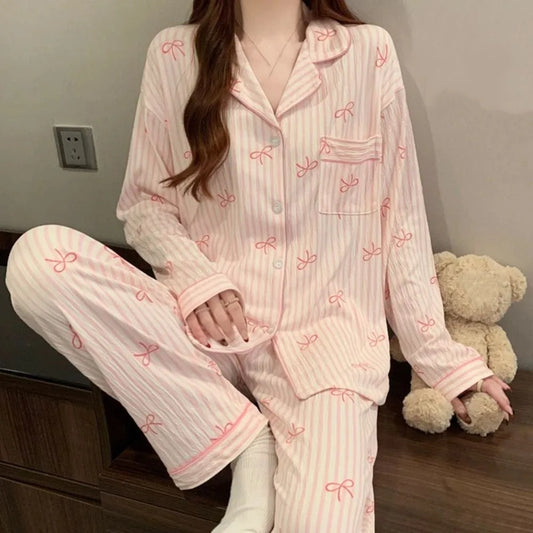 Women's Stripe Bow Korean Pajama Set