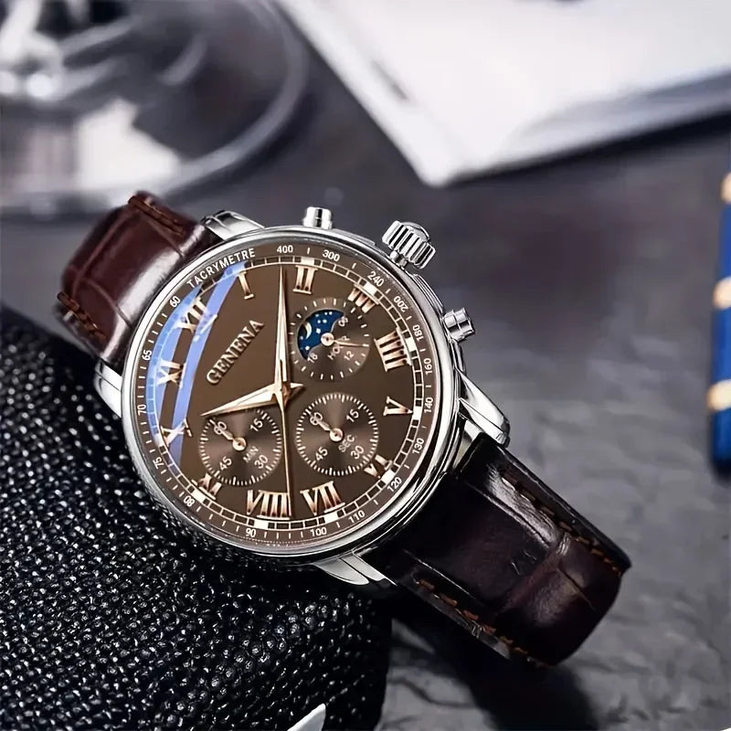 Men's Leather Strap Analog Quartz Watch