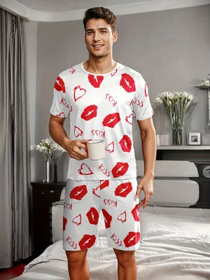 Men's Heart Print Summer Pajama Set