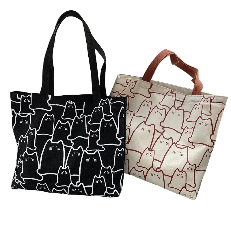 Cute Cat Canvas Tote Bag with Zipper