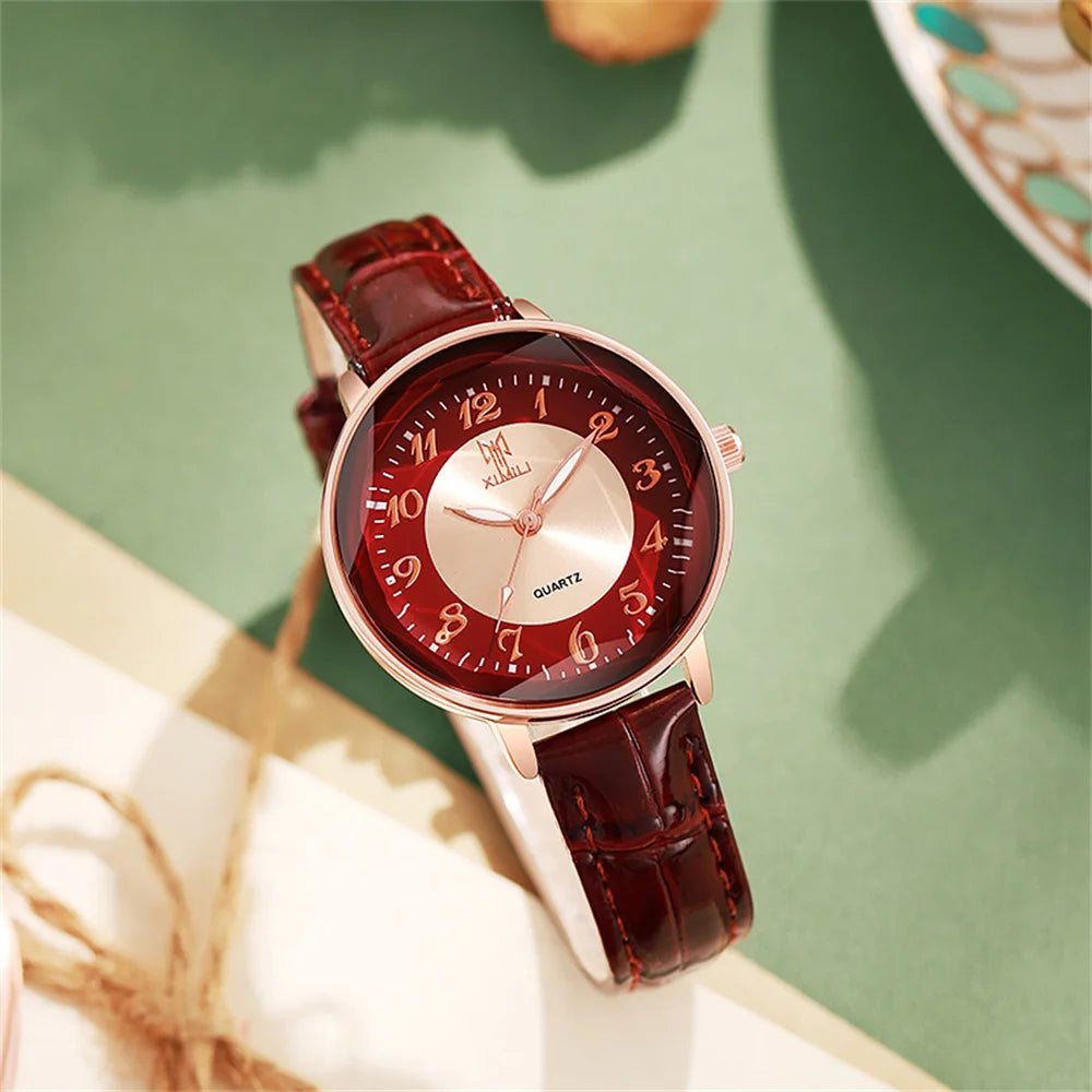 Women's Pink Leather Arabic Dial Watch