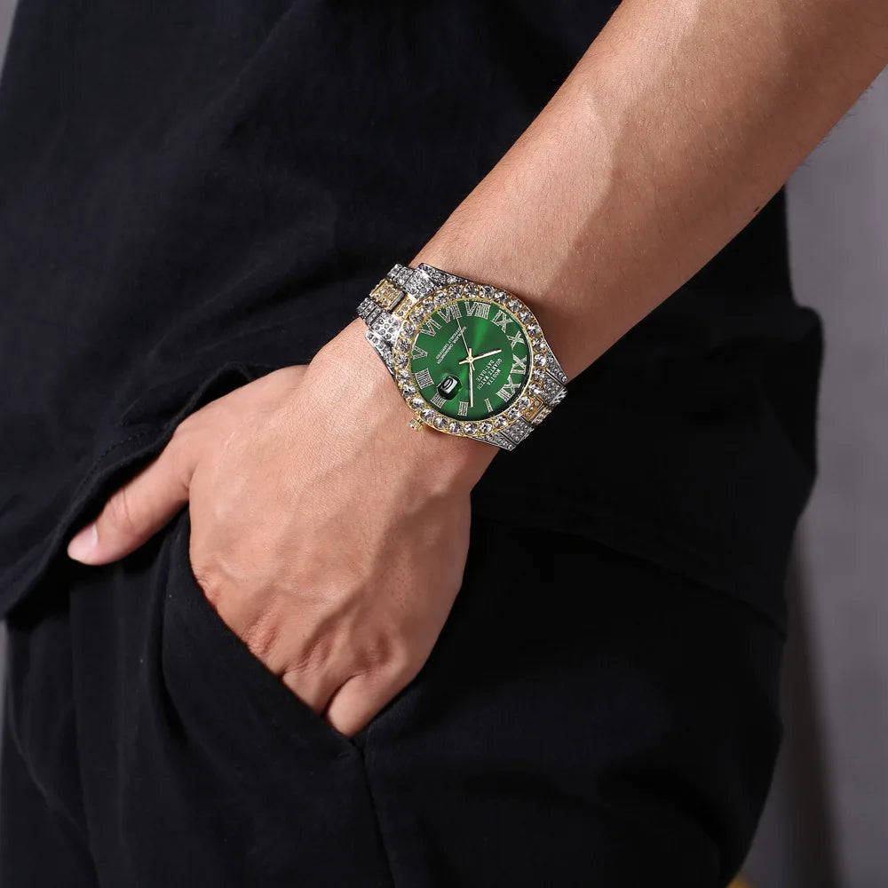 Men's Gold Diamond Rhinestone Quartz Watch