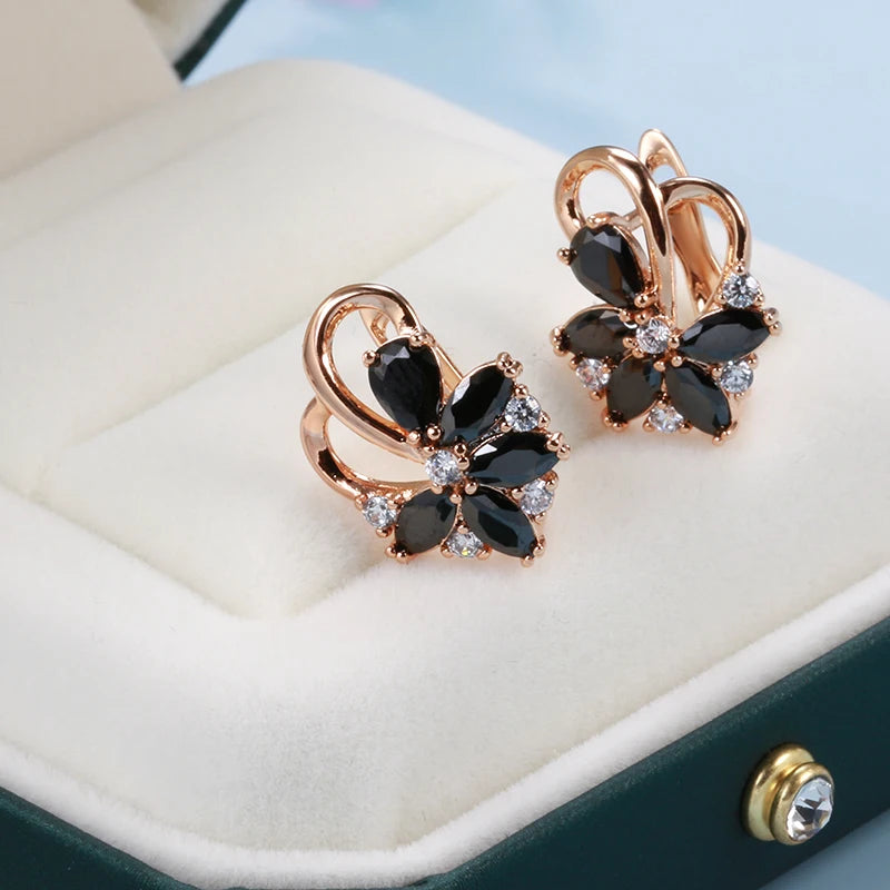 Black Zircon Flower Dangle Earrings