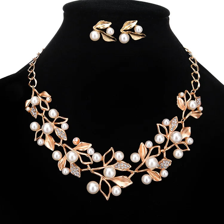 Pearl Diamond Necklace Earrings Set Wedding