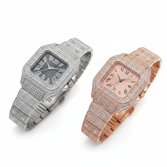Men's Classic Square Rhinestone Steel Quartz Watch