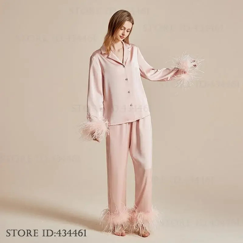 Women's Feather Silk Satin Pajama Set