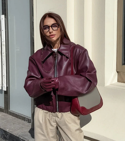 Wine Red Faux Leather Jacket