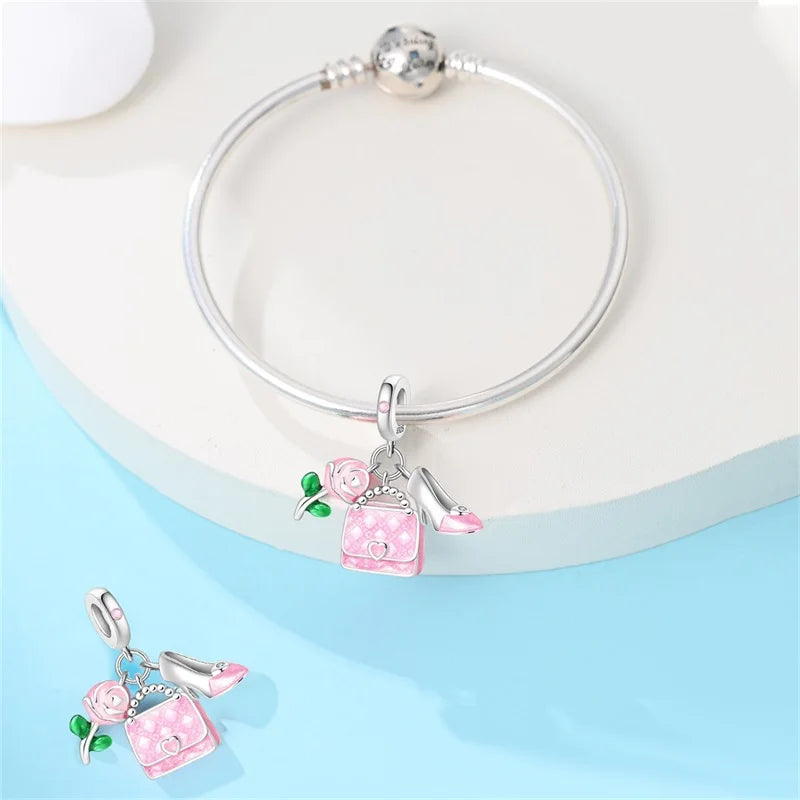 Rose Bag Silver Charm Pendant Set
