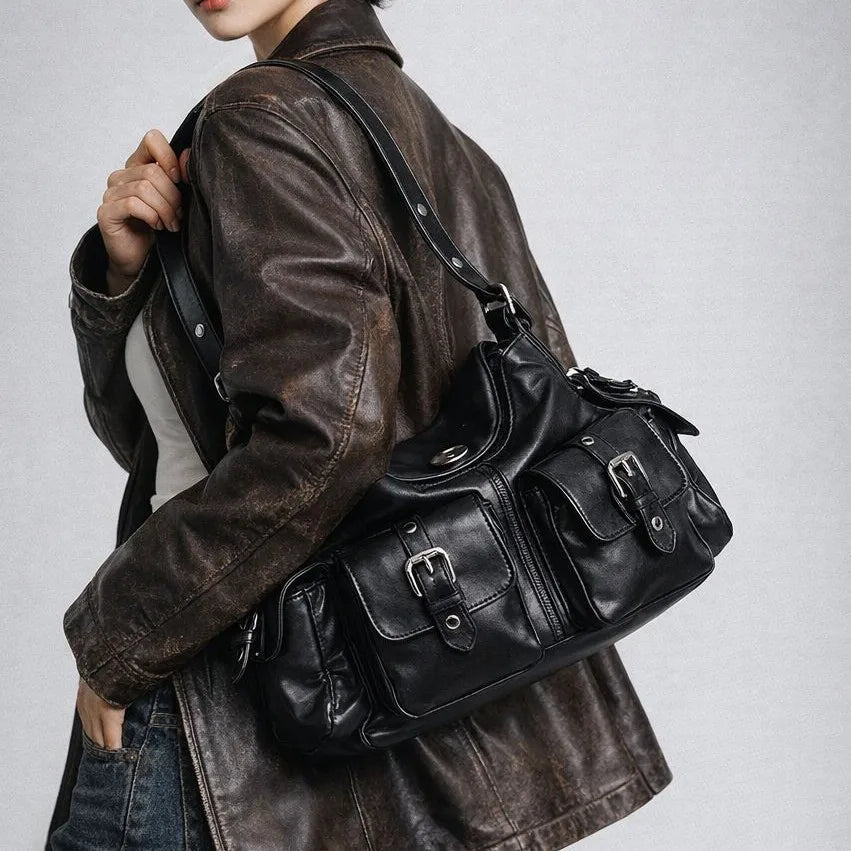 Women's Moto Style Multi-Pocket Armpit Tote