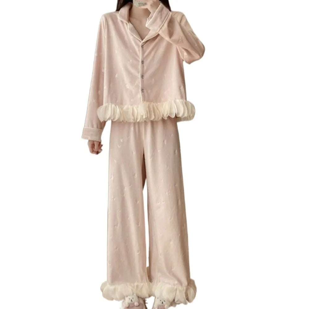 Women's Velvet Bow Long Sleeve Pajama Set