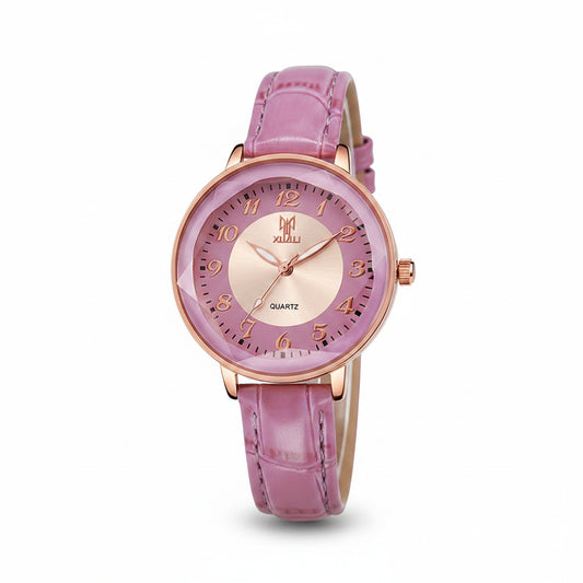 Women's Pink Leather Arabic Dial Watch