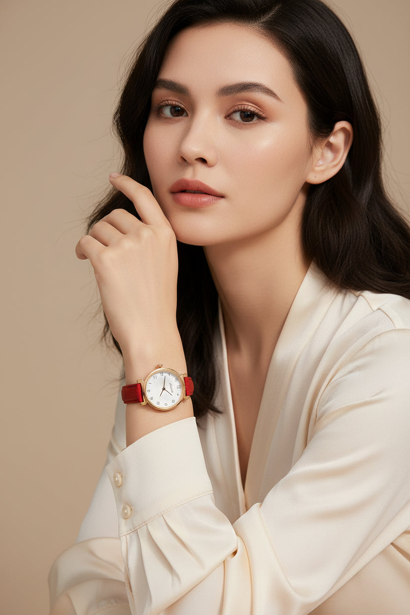 Women's Red Leather Gold Quartz Watch