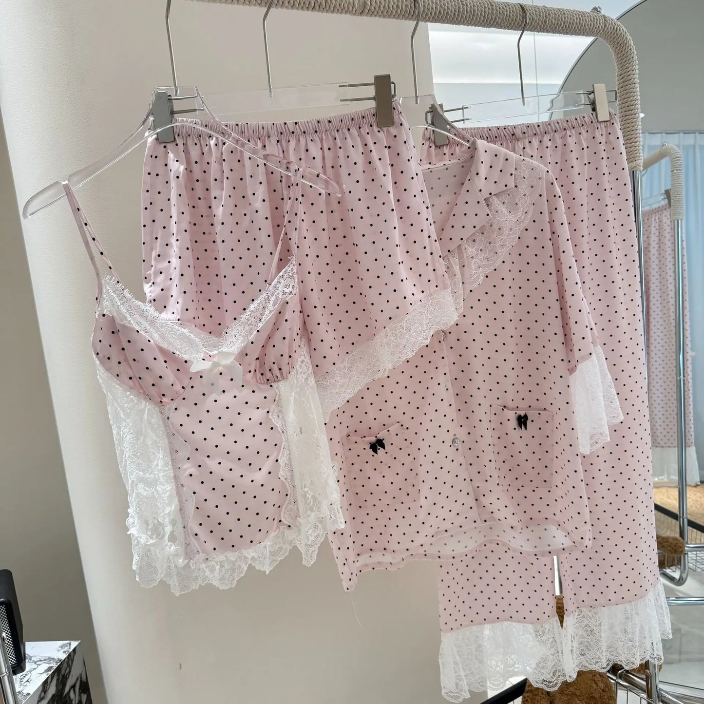 Women's 4-Piece Lace Trim Silk Pajama Set
