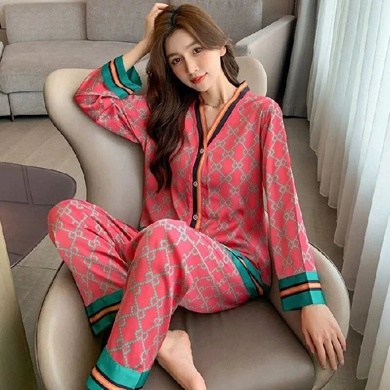 Women's Silk Print Cardigan Pajama Set