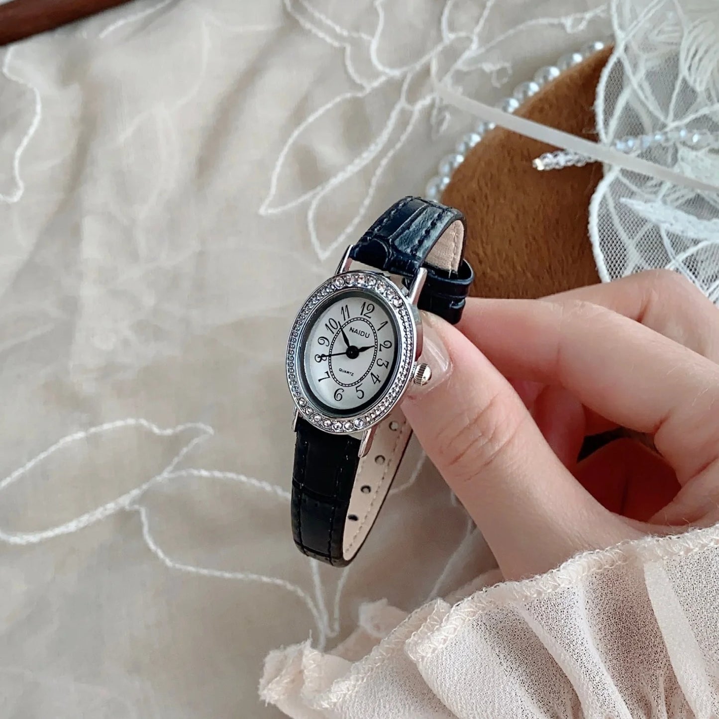 Oval Dial Leather Strap Watch