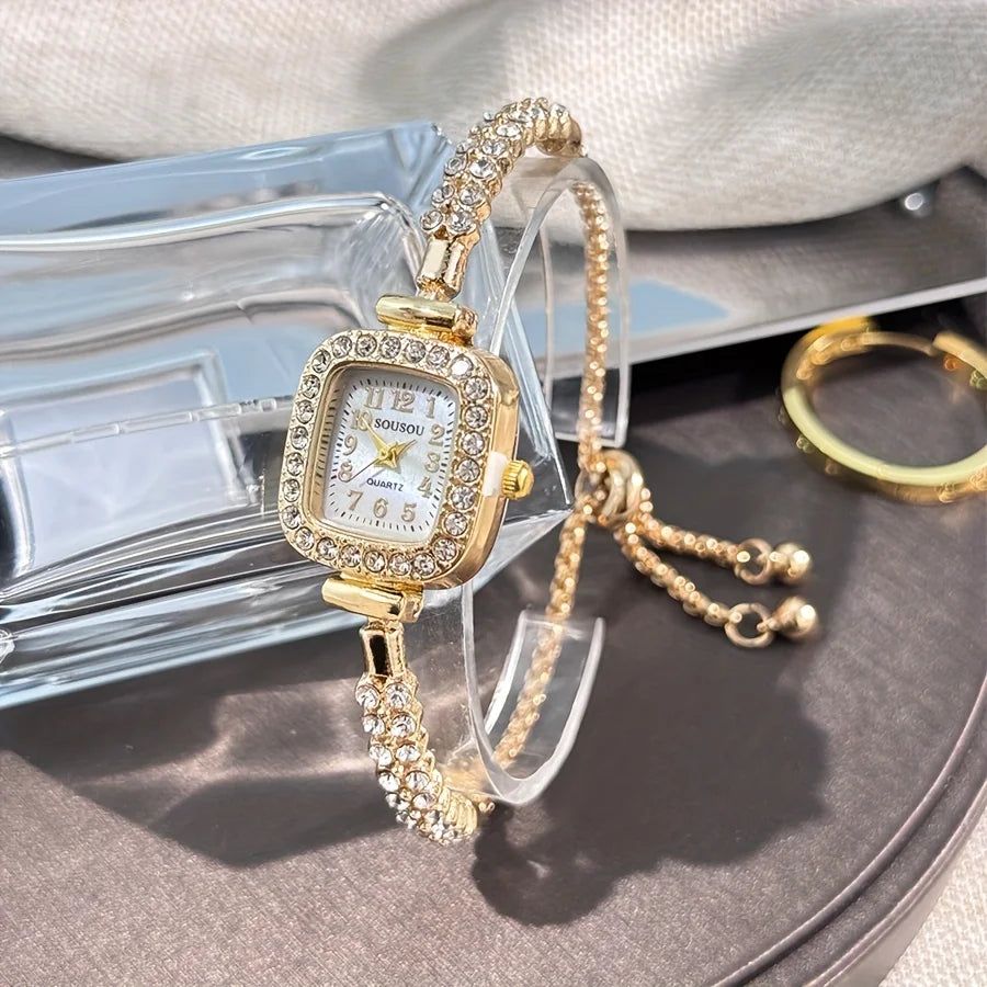 Women's Square Rhinestone Quartz Watch Gold