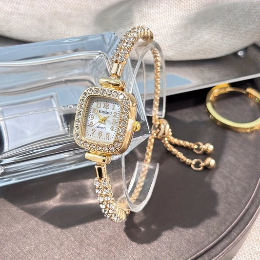 Women's Square Rhinestone Quartz Watch Gold